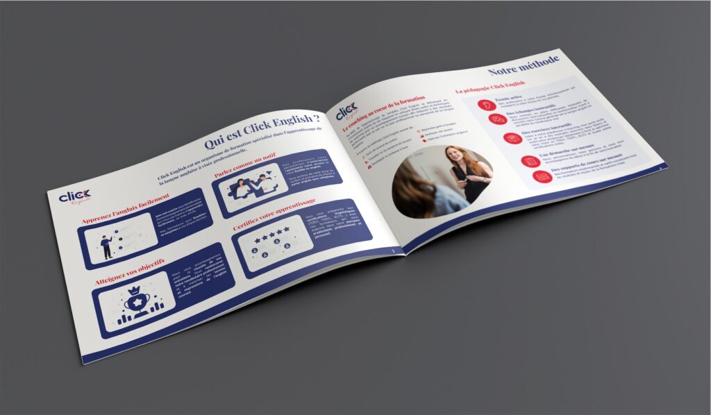 Brochure d'entreprise : le guide complet pour concevoir un support print qui convainc 5 catalogue et plaquette réalisés pour Click English, organisme de formation en anglais