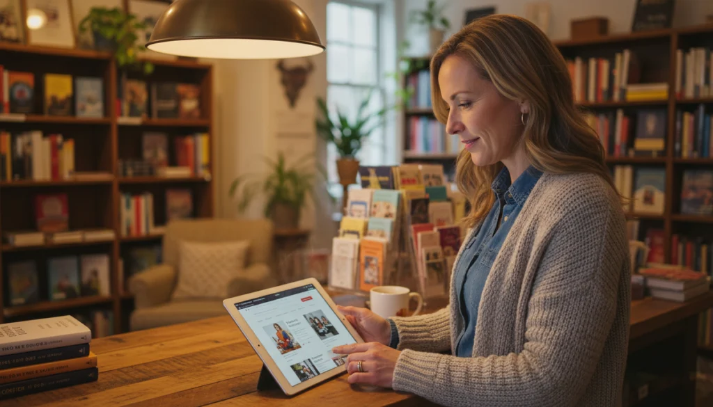 Site web commerce à Paris : le guide complet pour réussir votre digitalisation 1 Femme utilisant une tablette en librairie.