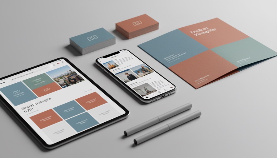 Est-ce qu'un graphiste peut m'aider à mieux vendre mes produits et services ? 4 Ensemble de supports (site, brochure, carte de visite) affichant une identité visuelle harmonisée.