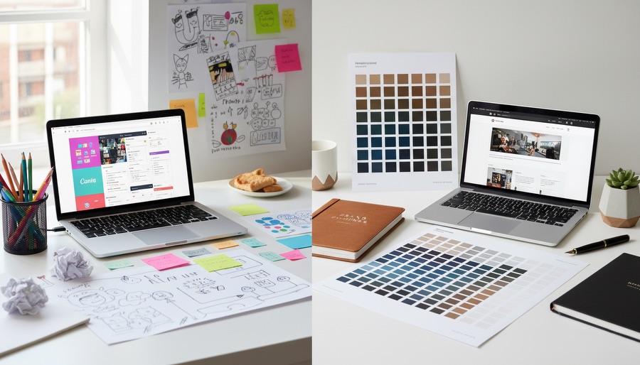 Est-ce qu'un graphiste peut m'aider à mieux vendre mes produits et services ? 6 Bureau avec comparaison visuelle entre un design amateur réalisé avec Canva et un design professionnel.