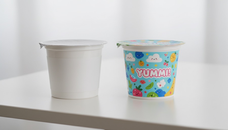 Est-ce qu'un graphiste peut m'aider à mieux vendre mes produits et services ? 2 Deux packagings de yaourt, un générique et un créatif, illustrant la différenciation visuelle.
