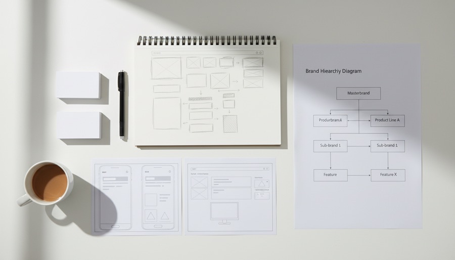 Est-ce qu'un graphiste peut m'aider à mieux vendre mes produits et services ? 3 Desk avec wireframes, hiérarchisation d’informations et prototypes de mise en page pour faciliter la compréhension.