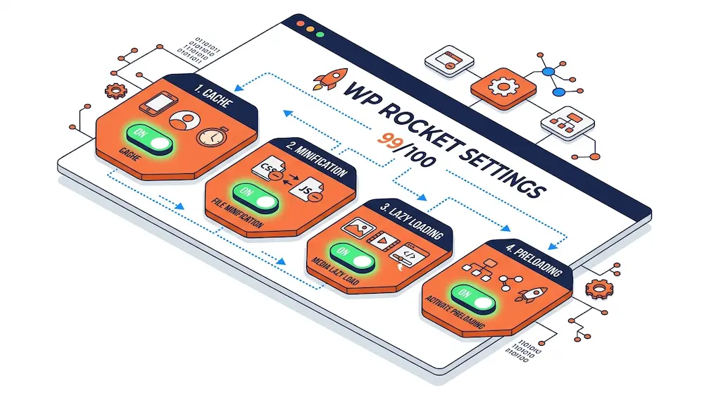 WP Rocket : le guide complet (installation, réglages optimaux et astuces pro) 2 Configuration optimale WP Rocket — réglages cache, CSS, médias et préchargement