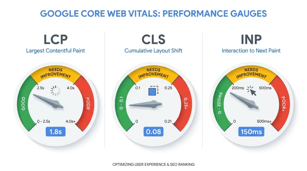 Pourquoi mon site WordPress est lent ? Causes, conséquences et premiers pas vers la vitesse 2 Core Web Vitals expliqués — métriques LCP, CLS et INP de Google