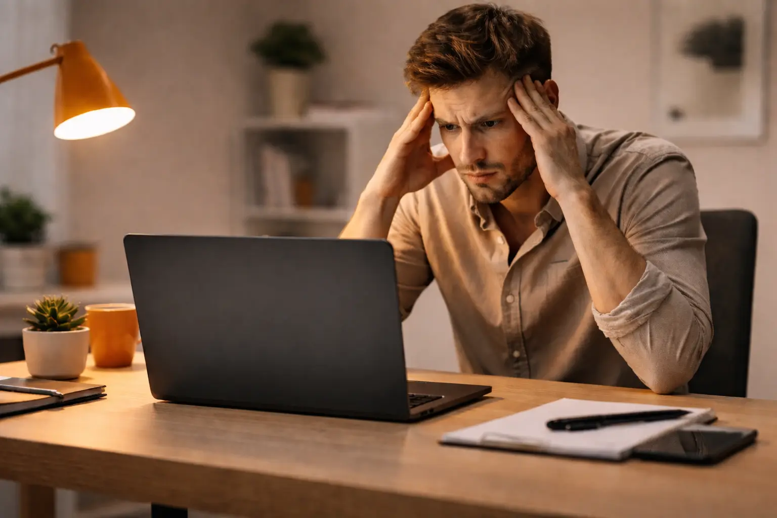 Site WordPress lent — entrepreneur frustré devant un écran de chargement -Frustration à son bureau