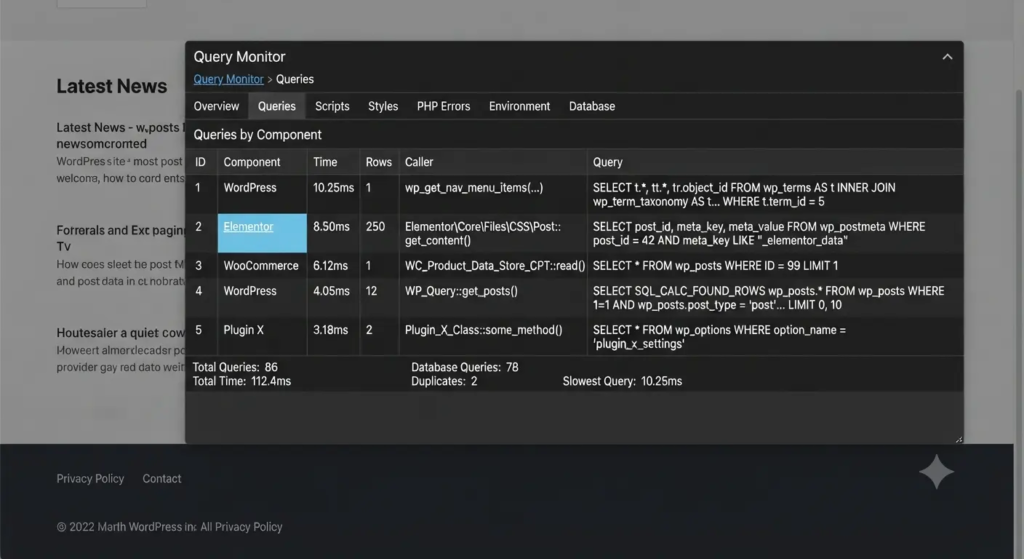 Base de données WordPress : contenu, tables et lenteurs 3 Panneau Query Monitor affichant les requêtes base de données d'une page WordPress