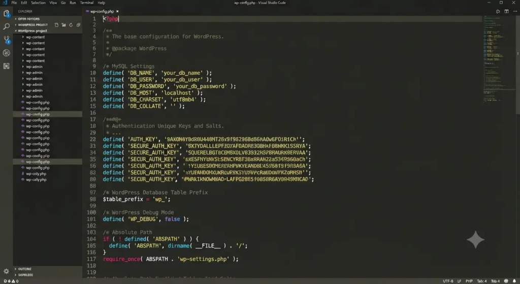 wp-config.php : le fichier qui pilote tout votre WordPress 1 Contenu du fichier wp-config.php ouvert dans un éditeur de code