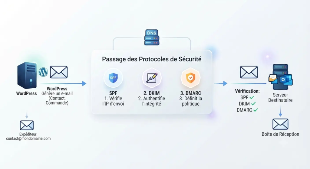 Wordpress n'envoie pas d'e-mails : le bug qui a coûté une commande à un restaurant 2 Schéma de vérification SPF DKIM DMARC pour un envoi WordPress