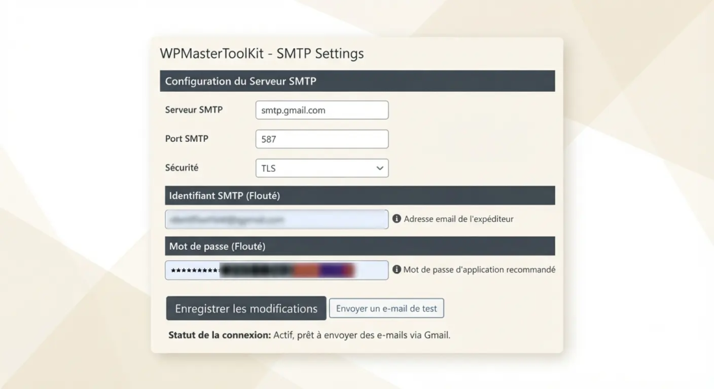 Wordpress n'envoie pas d'e-mails : le bug qui a coûté une commande à un restaurant 1 Configuration du module SMTP WPMasterToolKit dans WordPress